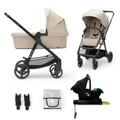 Image de Kinderkraft NEWLY 4 en 1 Poussette, Avec Siège Auto MINK PRO I Size 2 1, base ISOFIX, 360, Poussette Canne, Trio, SYSTÈME DE VOYAGE, Landau, Accessoires, Adaptateurs, Nacelle, Jusqu’à 22 kg, Beige