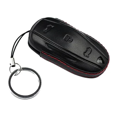 Image de M.JVisun Véritable Cuir Clef Coque Porte clés Pour Tesla Model 3 / S/pour Y Clé de Voiture 3/S/Y Noir