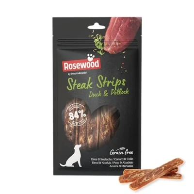Image de Rosewood Lanières de Steak en Bois Rose Canard et Colin Friandises Moelleuses pour Chiens, Riche Viande/Poisson, Pauvre Graisses, sans Céréales ni Gluten, Additifs Artificiels, 100 g