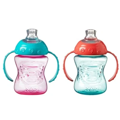 Image de Nuby Grip N Sip Tasse d’apprentissage avec poignée Bec souple antifuites 240ml Rose et Orange + 4 mois 2 Pack