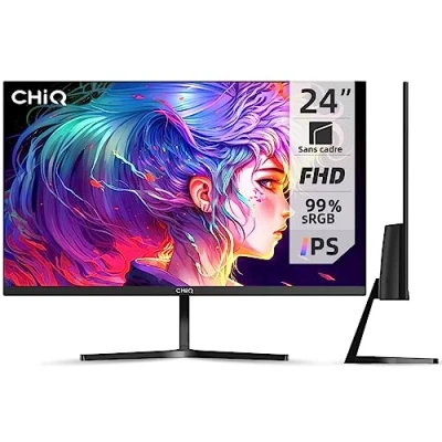 Image de CHIQ Moniteur 24 Pouces, Full HD 1920x1080, Ultra Plat, 3 côtés sans Cadre, IPS, 99% sRGB, Écran PC, 100Hz, FreeSync, Interface HDMI &amp; VGA, DP, VA, Montage VESA, Déverrouillage Rapide