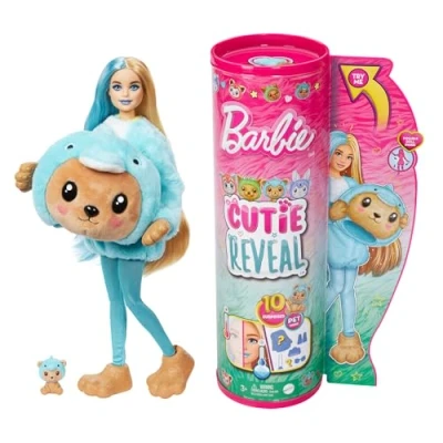 Image de Barbie Coffret Cutie Reveal Avec Poupée Articulée Blonde Et Mèche Bleue, Ourson Dauphin, 10 Surprises Accessoires Inclus, À Collectionner, Jouet Enfant, A Partir De 3 Ans, HRK25