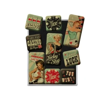Image de Nostalgic Art, Set d&#039;aimants rétro, Pin Up Get Lucky Cadeau pour Les nostalgiques, Décoration Le frigo, Design Vintage, 9 pièces