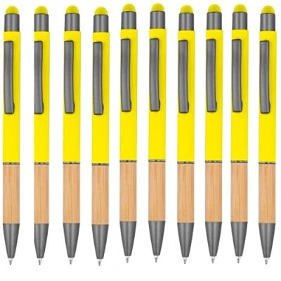 Image de noTrash2003 Lot de 10 stylos à bille ergonomiques avec pointe en métal et zone préhension bambou fonction tactile couleurs Multicolore Bleu (jaune)