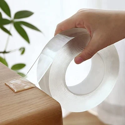 Image de HUALEI V 5M/16.4FT Ruban adhésif double face ultra résistant(3cm*1mm) transparent et amovible,lavable réutilisable,sans trace pour tapis,affiche photo.