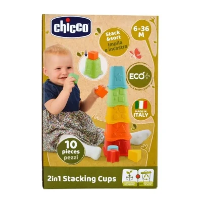 Image de Chicco Cubes à Empiler 2 en 1 ECO +, Jeu de Tri pour Bébé, avec 5 Tailles Différentes et Formes Colorées, Fabriqué Italie Partir Plastique Recyclé, Jouet Éducatif 6 mois 3 ans