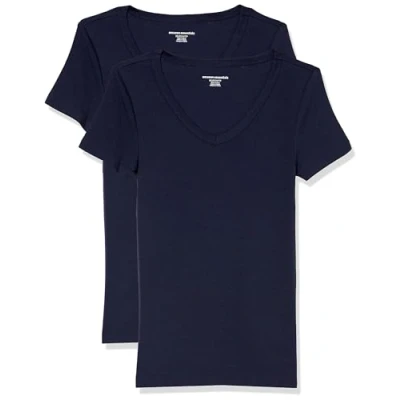 Image de Amazon Essentials T Shirt Col en v à Manches Courtes Coupe Ajustée Femme, Lot de 2, Bleu Marine, XXL