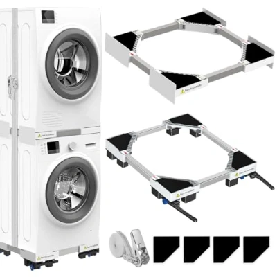 Image de NIUXX Cadre de Liaison et Support Universel pour Sèche Linge Lave linge, Réglable en Taille avec corde à Cliquet Roues Transport Freins Gain Place