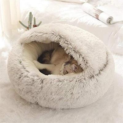 Image de Lit Rond Moelleux pour Chat en Peluche Douce avec Capuche l&#039;hiver Antidérapant Lavable Machin,Café,40 cm