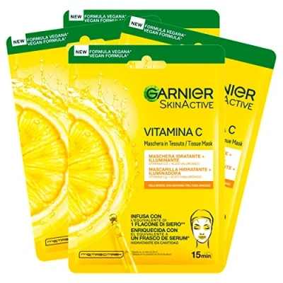 Image de 4x Garnier SkinActive Masque Visage Jetable en Tissu Hydratant et Illuminant avec Vitamine C Acide Hyaluronique 4 Masques Jetables