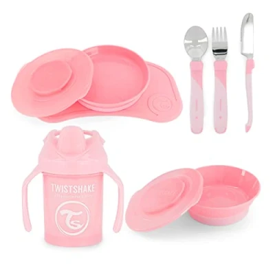 Image de Twistshake Ensemble de Vaisselle pour Bébé 4 Pièces 1x Set Table 1 Assiette Bol 3 Couverts Inox Gobelet 6 Mois et Plus Rose Clair