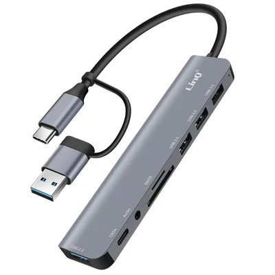 Image de Hub USB Support OTG 5 Gbps Lecteur Carte SD / TF et Audio Jack 3.5mm LinQ Gris