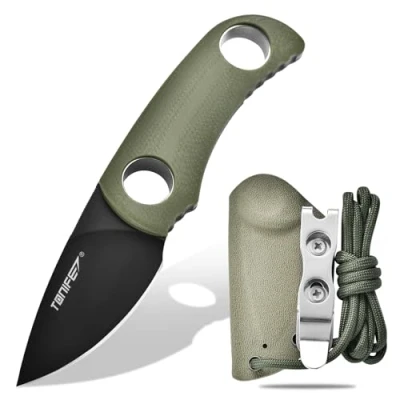 Image de TONIFE Runer Couteau de cou fixe avec fourreau et lanière,4,7cm lame Full Tang Edc pour l&#039;extérieur (Vert+Noir Titane)
