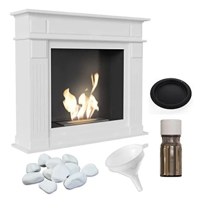 Image de KRATKI November Bio Ethanol Cheminée Portail sur Pied Boîtier MDF Insert Acier Biocontainer 0,75 l Certifié TÜV Ensemble d&#039;aromathérapie Blanc avec Galets Entonnoir