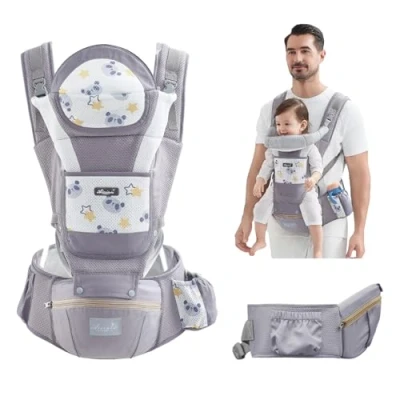 Image de IULONEE Porte Bébé Naissance Confortable Bebe Avec Siège à Hanche De Multifonction Pour Bébés Et Tout Petits Echarpe Portage Les 3 36 Mois (Gris)