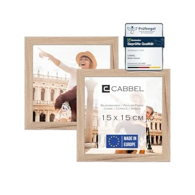 Image de CABBEL Lot de 2 cadres photo 15x15 cm, Naturel, cadre stable en bois MDF, verre plexi incassable, à suspendre &amp; poser, idéal pour photos/images/collages