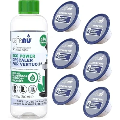 Image de Descaling Kit and Cleaning Capsules Compatible With Nespresso Vertuo. 200ml Descaler Solution &amp; 6 Pods. Provides Hotter, Better Tasting Coffee. 4 Months Supply.