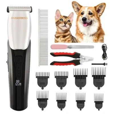 Image de BarberBoss tondeuse pour chiens avec 8 peignes, design élégant 4 vitesses, 100% étanche, tête en céramique forme de R, affichage LED, sans fil et chats, QR 9083