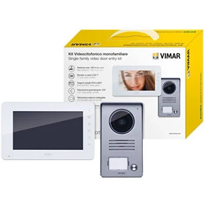 Image de VIMAR K40910 Kit portier vidéo pour Pose en Saillie comprenant: poste de couleur LCD 7in mains libres avec clavier capacitif, Platine Audio/Vidéo 1 Bouton et Cadre Parapluie, Alimentation