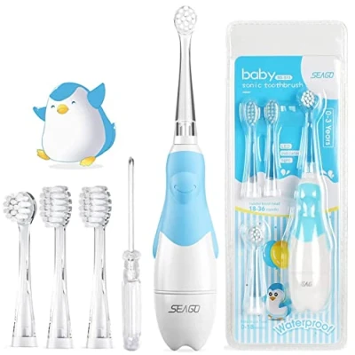 Image de Seago Brosse À Dents Électrique Bébé Enfant 0 3 Ans Kids A Dent Electrique à Piles et Minuterie Intelligente Lampes LED de Couleur étanche 4 Têtes SG513 (Bébé Bleu)
