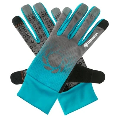 Image de Gant jardi ent 9/L Gardena : Gants pr travaux de jardinage entretien, adhérence optimale, tissu en maille respirante, design « mobile touch » smartphone (11508 20)