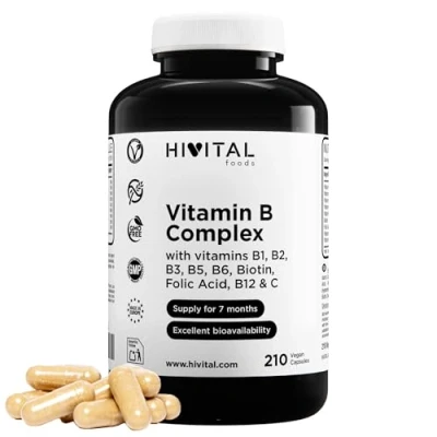 Image de Vitamine B Complex. 210 gélules vegan pour 7 mois. Complexe de Vitamines avec B1, B2, B3, B5, B6, B12, Biotine et Acide Folique. Augmente le niveau d&#039;énergie, améliore la concentration mémoire