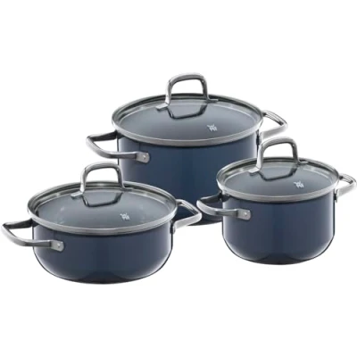 Image de WMF Fusiontec Essential Lot de 3 casseroles à induction avec couvercle en verre et céramique high tech, résistant aux rayures, non revêtu, bleu foncé