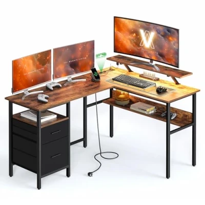 Image de VASAGLE Bureau en L avec Multiprise, d’Angle, Informatique Rehausseur d’Écran, Gaming LED, 2 Tiroirs, Ports USB, Facile à Monter, pour Bureau, Marron Rustique LWD095K01
