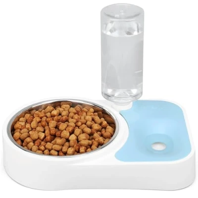 Image de BELLE VOUS Bleu Distributeur d&#039;eau Automatique pour Animaux de Compagnie 500 ml/17 oz Bouteille 650 ml/22 Bol en Acier d&#039;eau/Nourriture Chiot, Chaton, Lapin