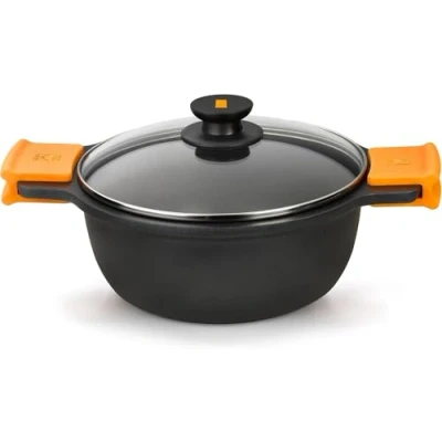Image de BRA Efficient Faitout Haut 24 cm , Fonte D&#039;Aluminium, avec Antiadhésif Teflon Platiunm Plus sans PFOA, Couvercle en Verre et Anses Silicone Démontables, Tous Feux Dont Induction