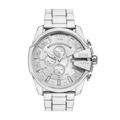 Image de Diesel Montre Mega Chief chronographe, en acier inoxydable, blanc, pour homme, DZ4660