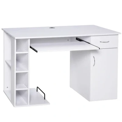 Image de HOMCOM Bureau Informatique Table d&#039;ordinateur multimédia Multi rangements avec étagère tiroir Tablette Clavier MDF 120 x 60 74 cm Blanc