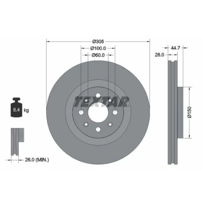 Image de TEXTAR 92202203 Disque de frein 305 28 04/08 100 ventilé l&#039;intérieur revêtu sans boulon fix roue, moyeu roue PRO+