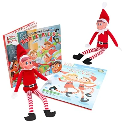 Image de Elves Behaving Badly Elfes Behavin Christmas Bundle 2xElfes en Peluche de 30,5cm Long Elfie &amp; Evie 2xLivres d&#039;elfes à Dos Dur Jouets Fantaisie Rouge Taille Unique
