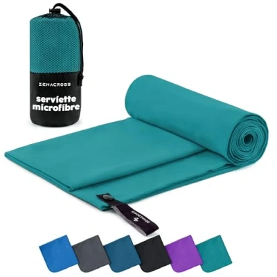 Image de ZENACROSS Serviette Microfibre avec Sac de Transport Sport Compacte, Séchage Rapide et Absorbante Taille M 140 x 70 cm Vert Pétrole