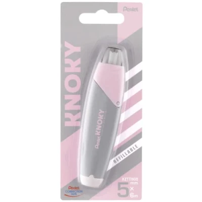 Image de Pentel Correction tape Knoky XZTT805N WY Ruban correcteur rétractable par bouton poussoir et rechargeable, bande 5 mm x 6 m, corps pastel gris + rose