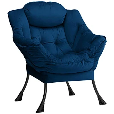 Image de HollyHOME Fauteuil Chaise D&#039;appoint, Paresseuse en Tissu Velours, Longue Relax avec Accoudoirs et Poche, de Canapé Loisirs Structure Acier, Bleu Foncé
