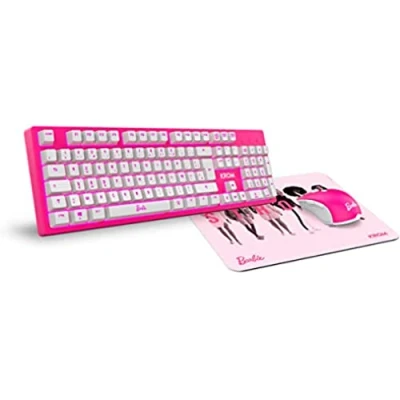 Image de KROM Kit clavier, souris et tapis de Barbie KANDY Clavier à membrane LED blanche, 6400 DPI, en caoutchouc souple résistant, Français rose.