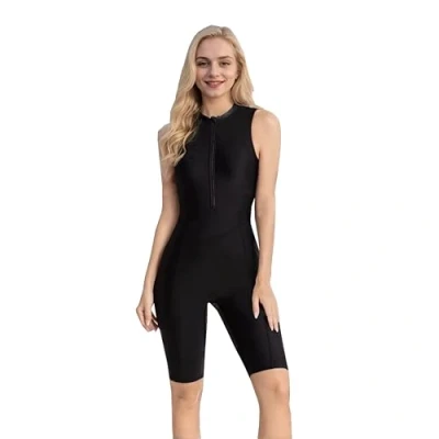 Image de Maillot de Bain Femme Manches sans Manches,Maillot Une Pièce Boyleg,Maillot Col Montant,Maillot Bain,33 Noir Pur,XL