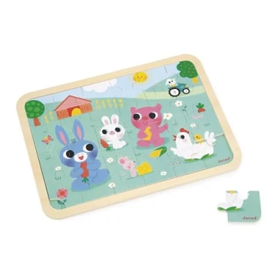 Image de Janod Puzzle en Bois 24 Pièces Enfant Dès 4 Ans Thème Ferme Modèle Inclus + Jeu des 5 Erreurs sur Le Plateau Développe la Concentration et l&#039;Observation Produit FSC J07126, Vert