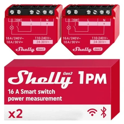 Image de Shelly 1PM Gen3 Interrupteur Connecté Wi Fi et Bluetooth, 1 Canal 16A, Compteur d&#039;énergie Intégré, Aucun Hub Requis, Mémoire 8 MB, app iOS Android, Compatible Alexa, Google Home, KNXnet Lot de 2