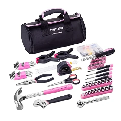 Image de Trimate Ensemble d&#039;outils à main 86 pièces avec sac enroulable (marteau, jeu de clés, tournevis, pinces) Idéal pour la maison ou voiture (rose)