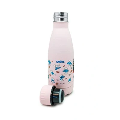 Image de Nerthus Fih 758 Bouteille THE SMURFS Double Paroi Motif Schtroumpfs Rose 350 Ml, Acier Inoxydable, sans Bpa, 18/8