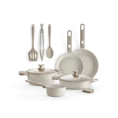 Image de MONIX Denmark Batterie de cuisine 10 pièces, fonte d’aluminium avec revêtement antiadhésif, tous feux dont induction, Beige