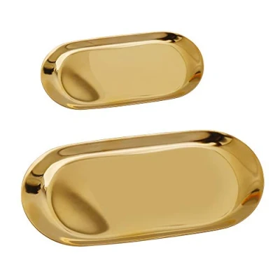 Image de Plateau de Rangemen Doré Acier Inoxydable à Bibelots Ovale Cosmétique Bijoux Plaque, Assiette Vaisselle pour Gâteau aux Fruits Beurre Bougie Décoration, 2 Pièces