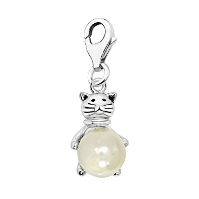 Image de Quiges Charm Pendentif Breloque avec Fermoir Femme Plaqué Argent Blanc Imitation Perle Chat 3D