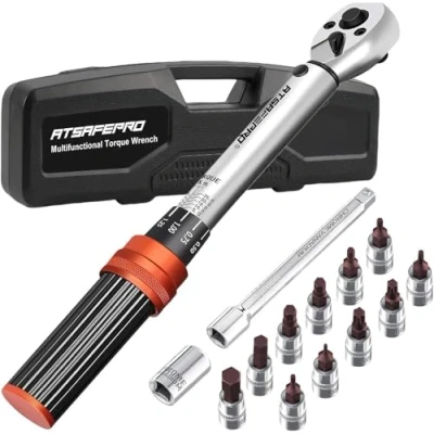 Image de ATsafepro Cle Dynamometrique Velo 1/4 pouce 5 25 nm, Clés Dynamométriques 15 Kit deux Directions Réglables, 72 Dents, Clef Moto Tige Dextension et Ecrou Torx