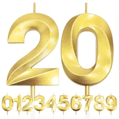 Image de 20th Bougie D&#039;anniversaire à Paillettes Dorées au Design 3D, Bougies Numérotées pour 20e, Décorations de Dessus Gâteau, Gâteau Fête D&#039;anniversaire, Anniversaire Mariage