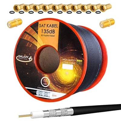Image de HB Digital 50m 135dB câble coaxial SAT en cuivre pur PRO 5x d&#039;antenne noir blindé pour les syst. DVB S / S2 C ET T BK + 10x connecteurs F plaqués or 2X Gratuit