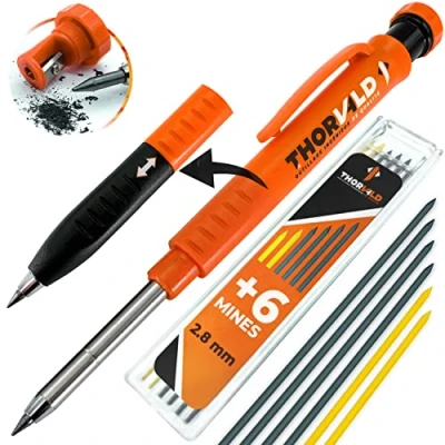 Image de Crayon Chantier PRO EXTENSIBLE [+ 7 Mine Multi Supports + Taille Grip Easy write] Porte pour Menuisier Bricolage Dessin Tracer Gras Bois Metal Béton Carrelage Charpentier